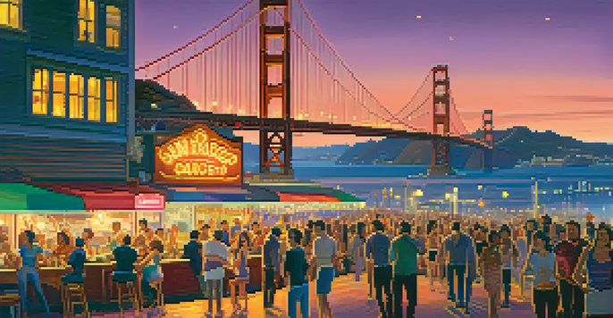 A lively San Francisco nightlife scene with people enjoying outdoor lounges and dance clubs, illuminated by neon lights.