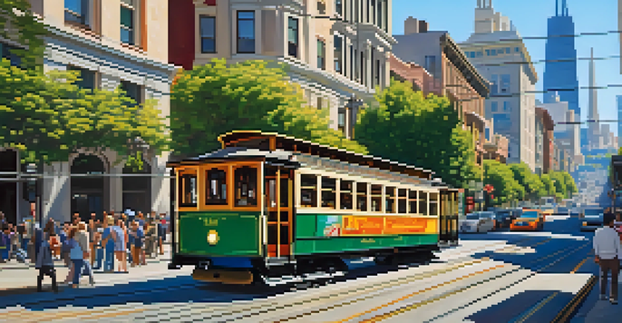 A busy street in San Francisco featuring cable cars, electric buses, and pedestrians against a backdrop of colorful buildings and trees under a blue sky.