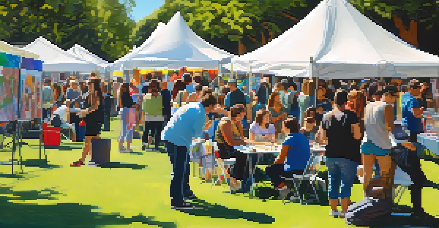 A lively community art event in a park in San Francisco, with artists and visitors interacting and participating in workshops.
