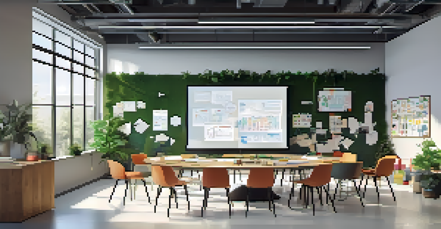 A modern startup workspace with young entrepreneurs collaborating around a round table, surrounded by greenery and bright natural light.