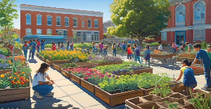 A lively school garden in San Francisco with students planting and harvesting crops under a bright sun.