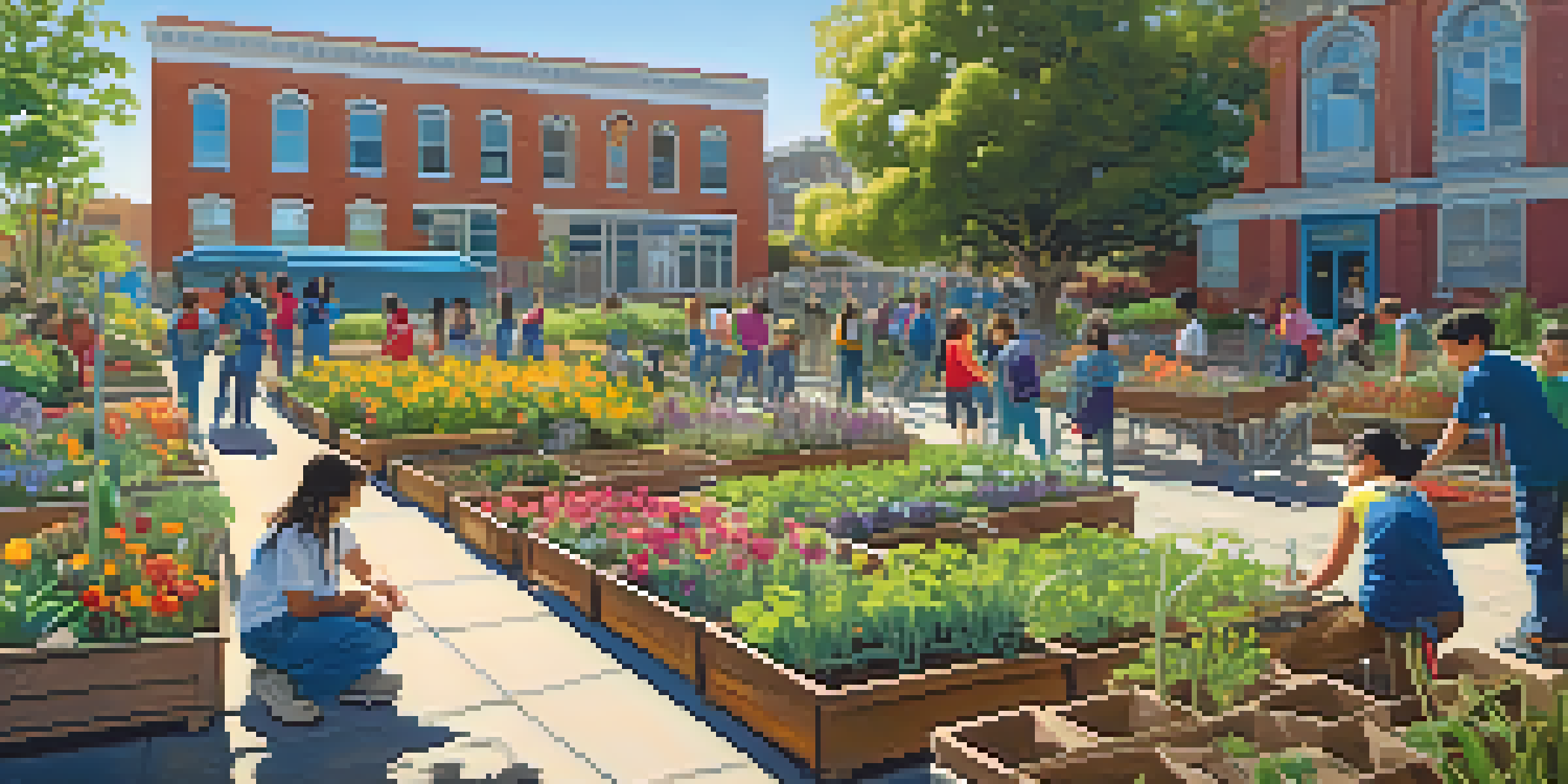 A lively school garden in San Francisco with students planting and harvesting crops under a bright sun.