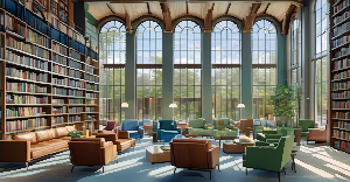 A modern library interior with high ceilings, large windows, colorful bookshelves, and people reading and studying in comfortable seating areas.