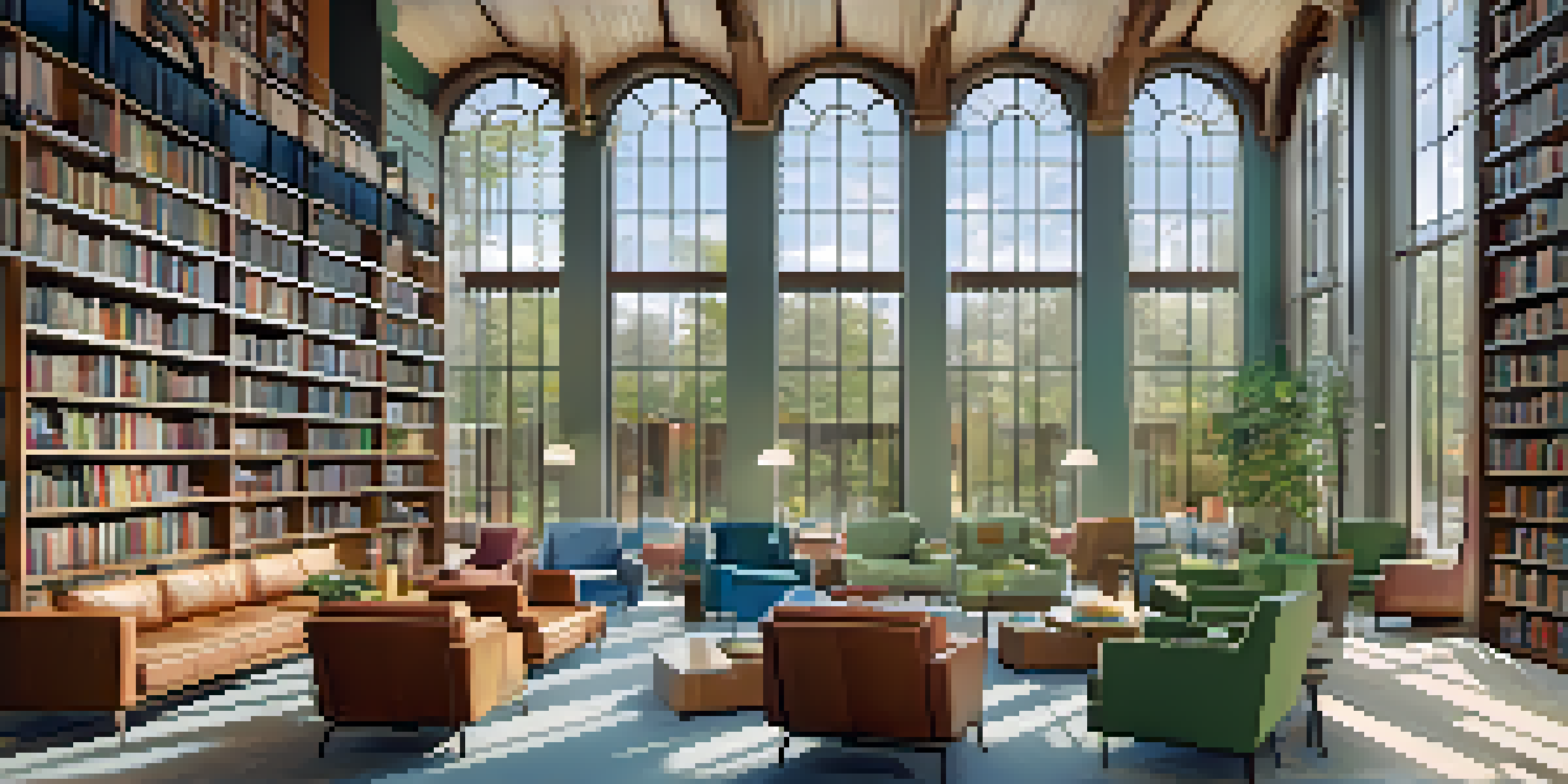 A modern library interior with high ceilings, large windows, colorful bookshelves, and people reading and studying in comfortable seating areas.