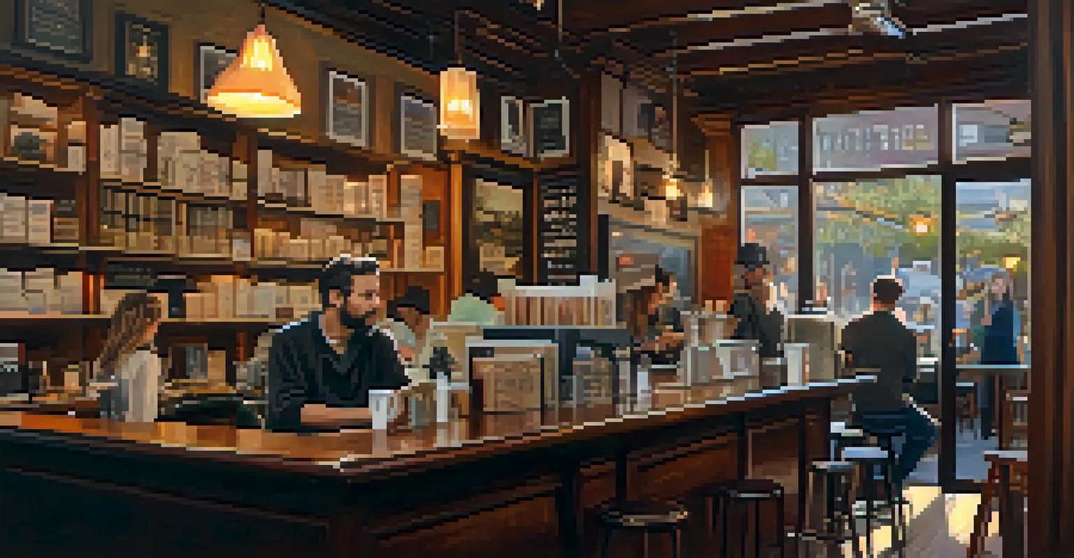 A cozy vintage coffee house in North Beach, with people engaged in conversations and a writer at a corner table.