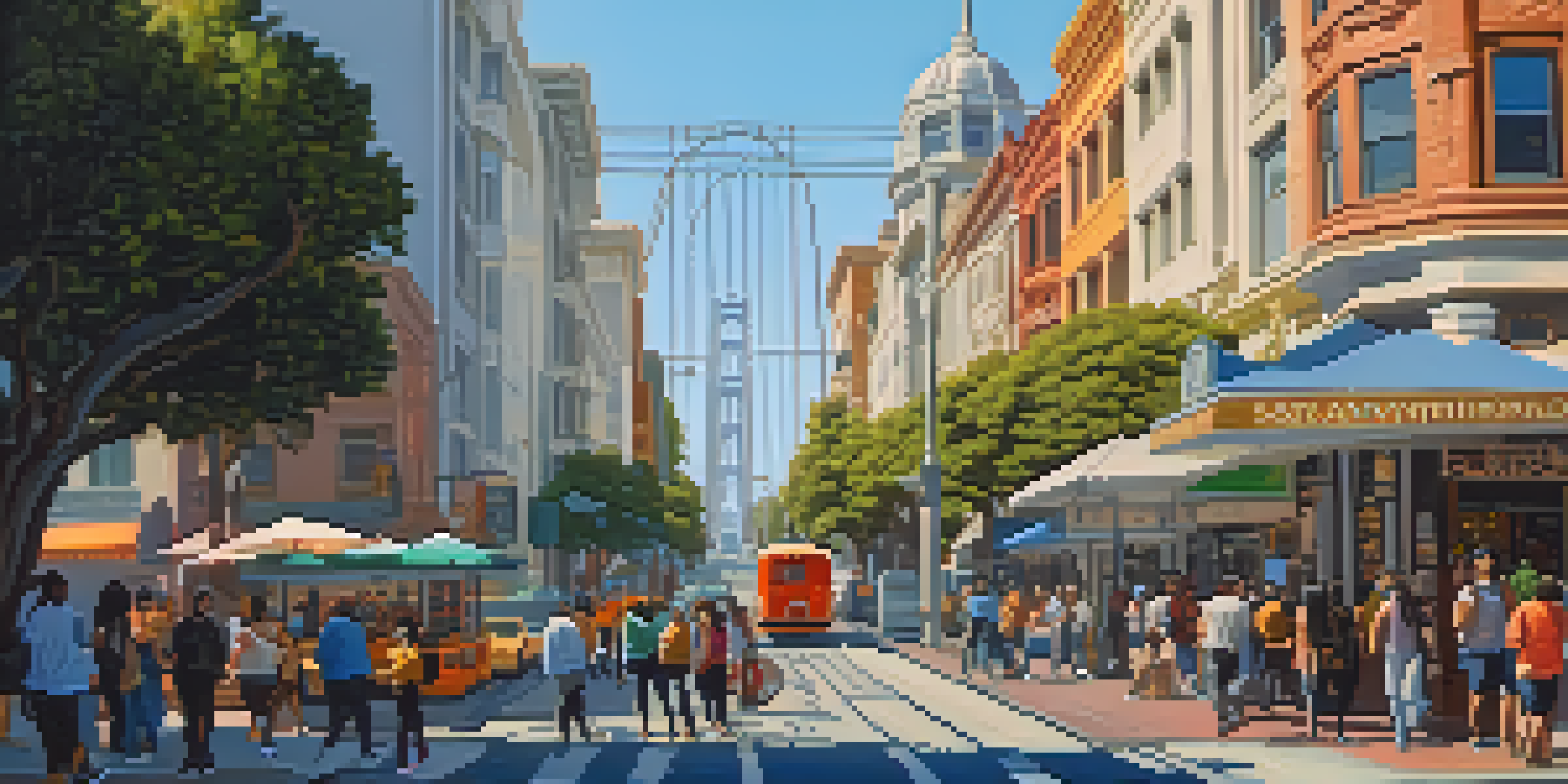 A vibrant San Francisco street filled with diverse gig workers engaged in food delivery, ridesharing, and using laptops, accompanied by the Golden Gate Bridge in the background.