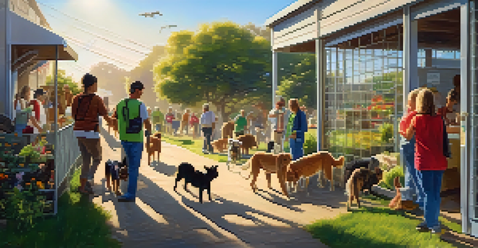 Volunteers at an animal shelter in San Francisco walking dogs, petting cats, and caring for small animals in a sunny park.