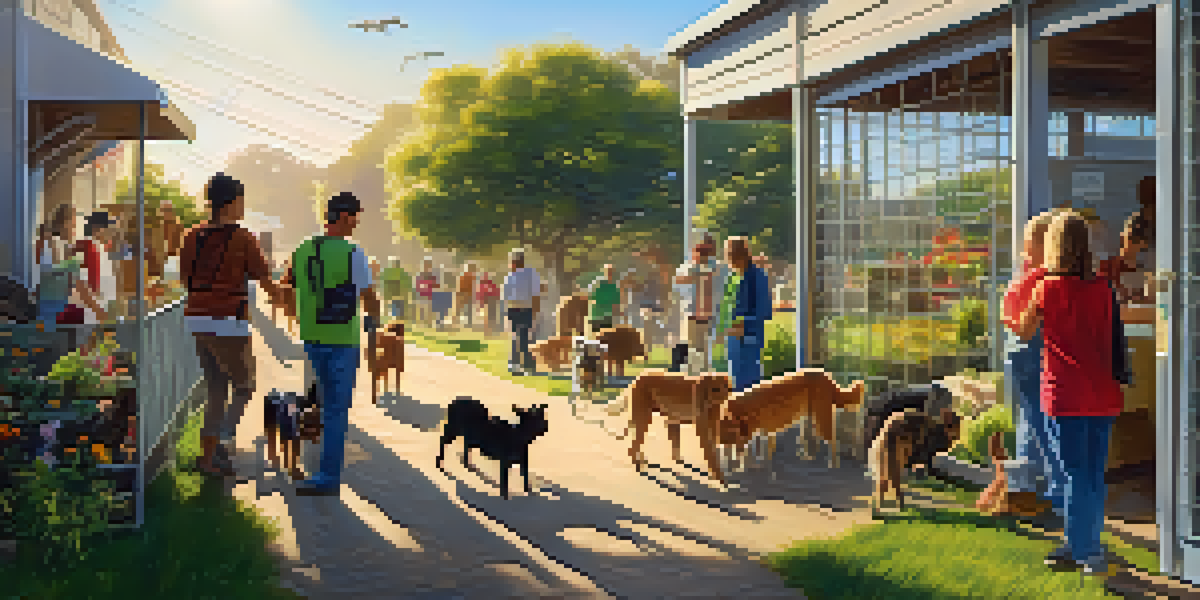 Volunteers at an animal shelter in San Francisco walking dogs, petting cats, and caring for small animals in a sunny park.