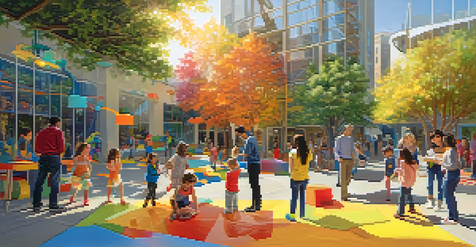 Families and children engaging in activities at the Children's Creativity Museum near Yerba Buena Gardens, under sunny skies.