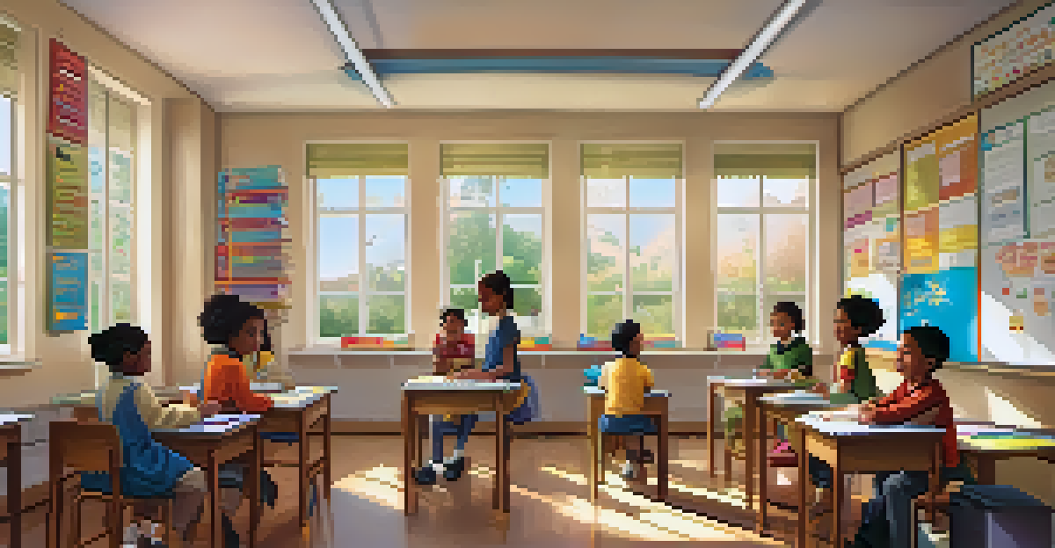 A diverse classroom filled with children learning with the help of a teacher, surrounded by multilingual educational materials.