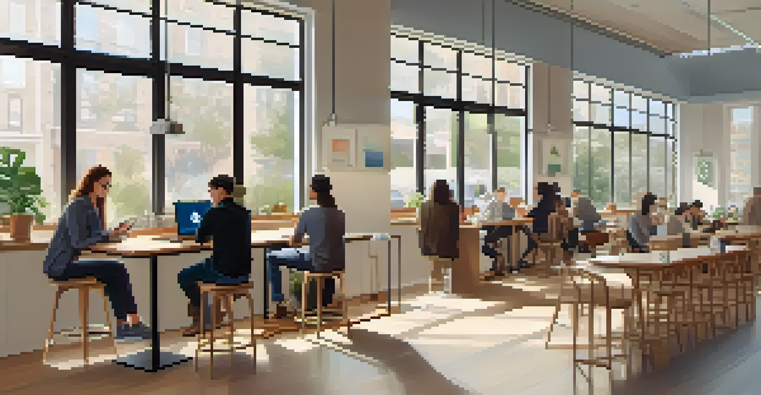 A minimalist coffee shop workspace with natural light, a person working on a laptop, and coffee cups on the table.