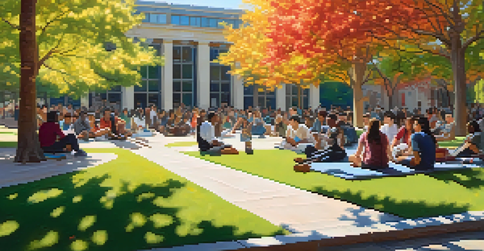A diverse group of students engaging in discussion in a university courtyard surrounded by colorful trees and banners.