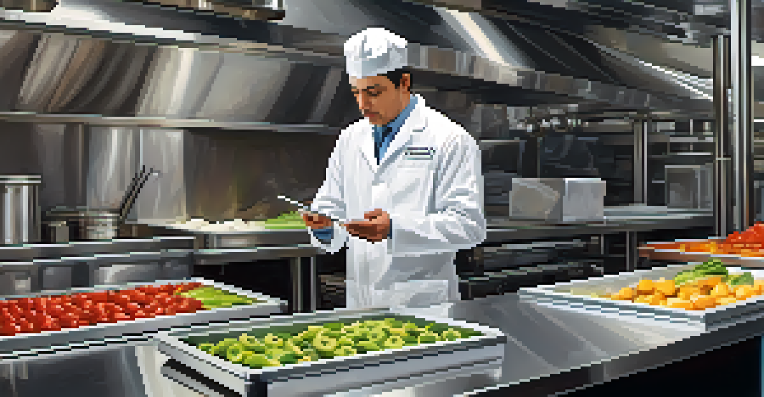 A health inspector checking food temperature in a clean restaurant kitchen, highlighting food safety practices.