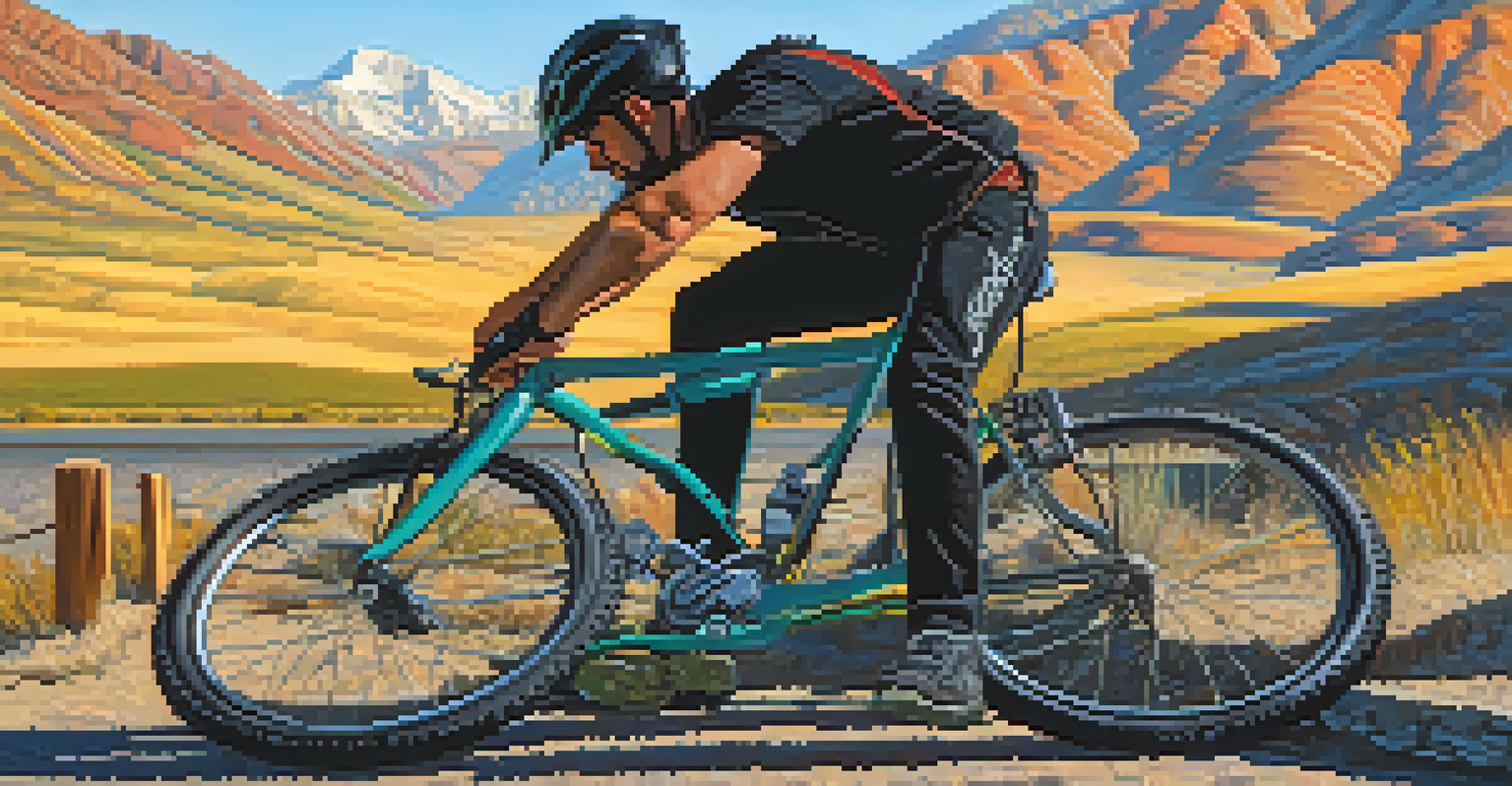 A biker checking their bicycle's brakes and tires in a scenic mountain landscape under a blue sky.