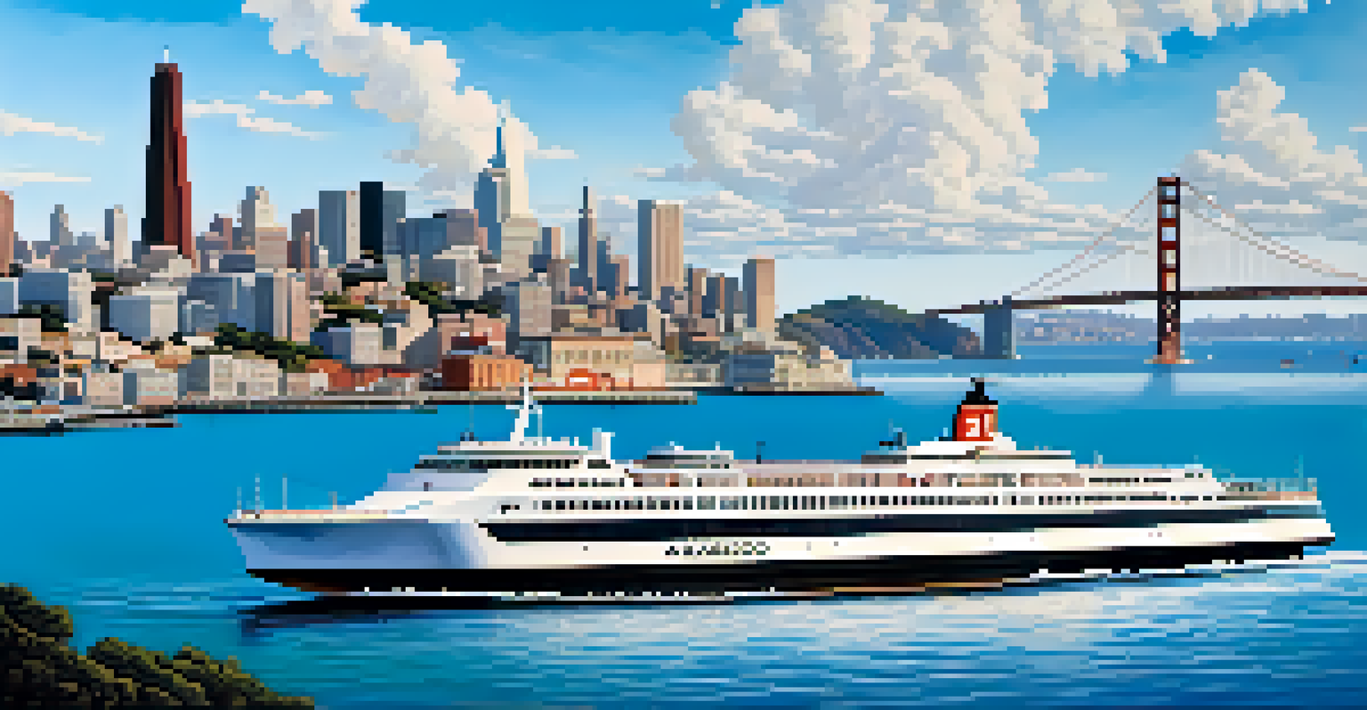 A modern high-speed ferry sailing in the San Francisco Bay with the city skyline and Alcatraz Island in the background.