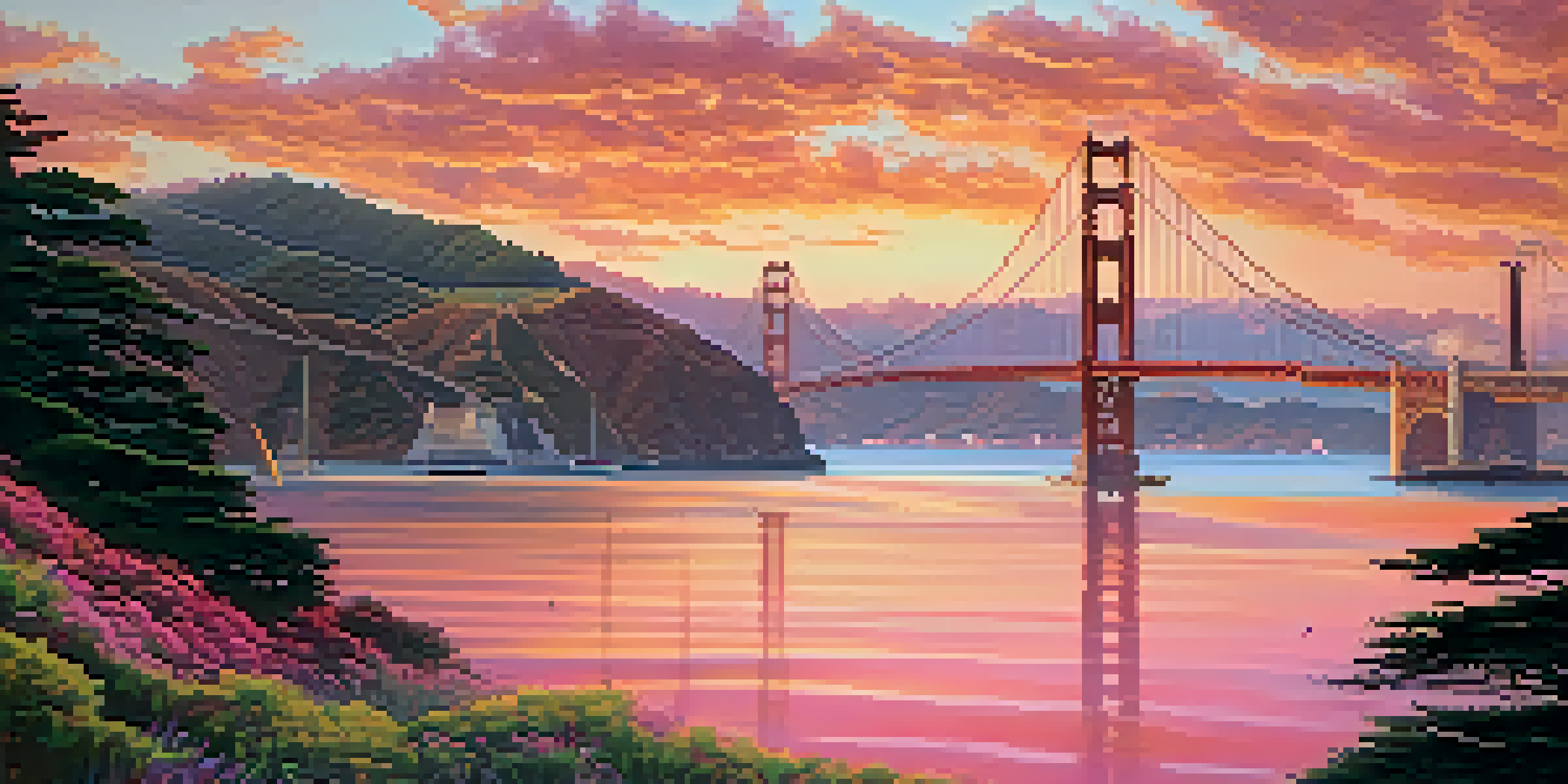 A picturesque sunset view of the Golden Gate Bridge with colorful skies and sailboats on the bay, framed by greenery.