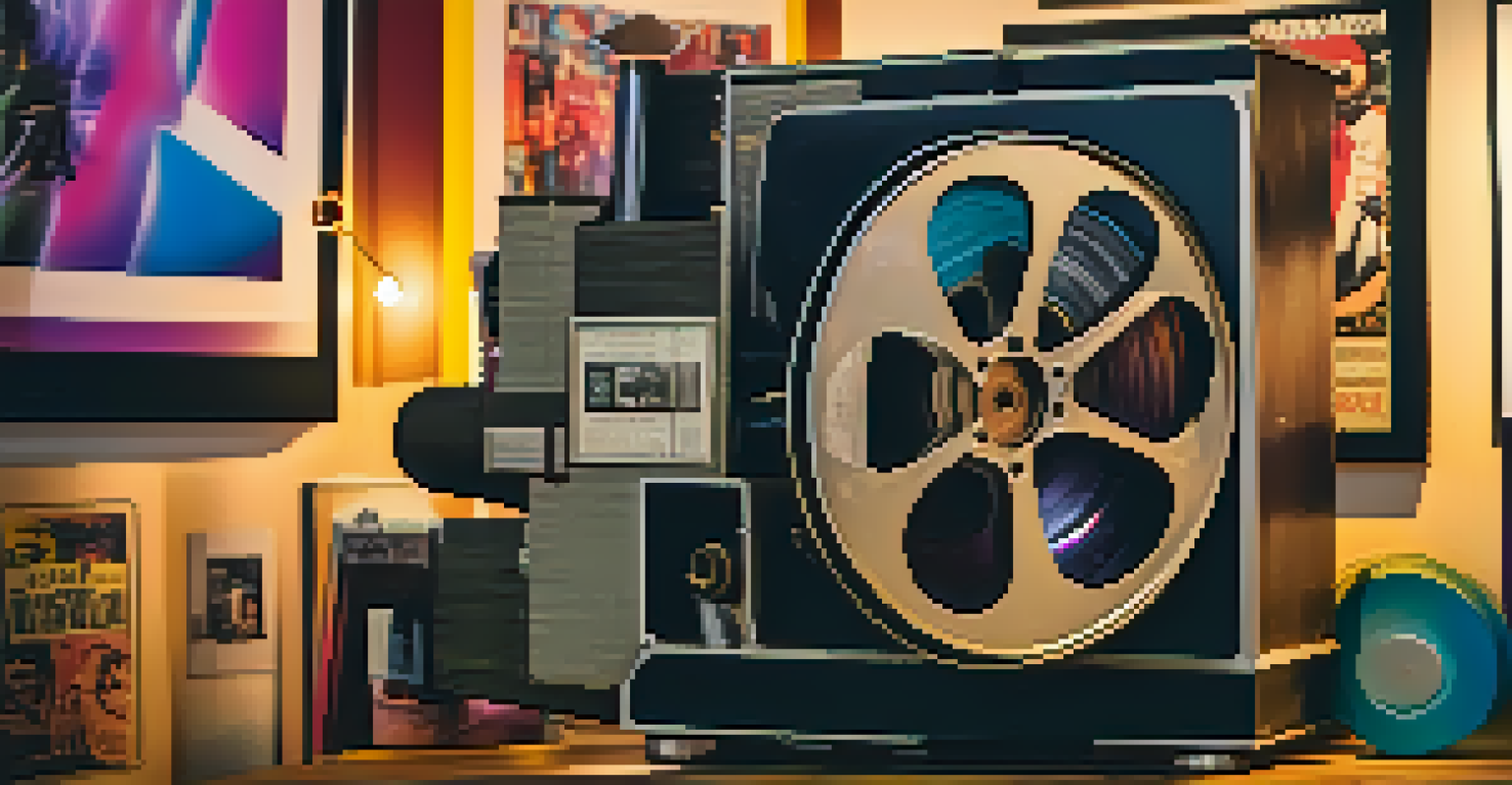 A vintage film projector with a film reel, surrounded by LGBTQ+ themed movie posters in a warmly lit room.