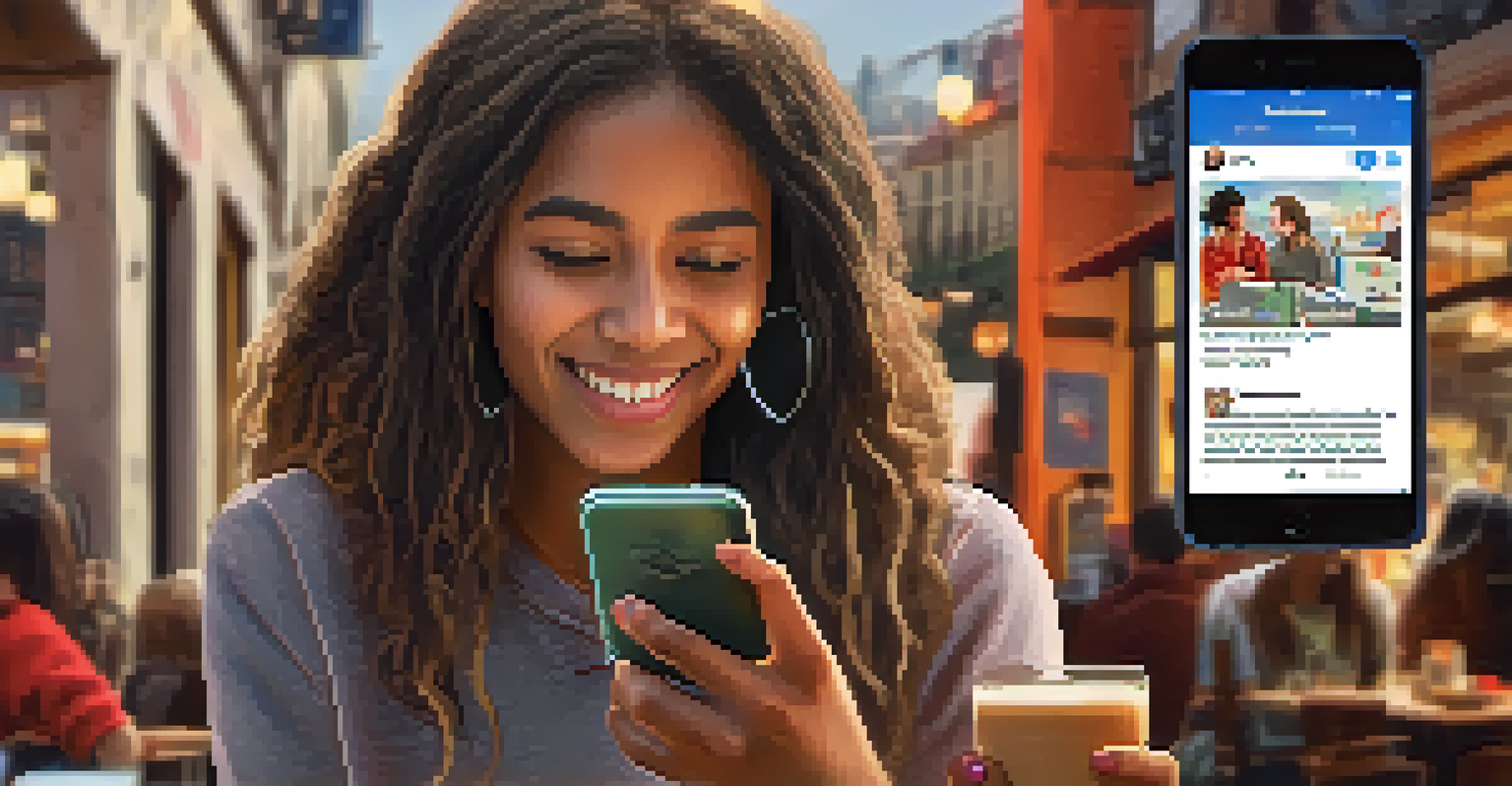 A young voter using a smartphone to engage in a social media campaign, surrounded by a cozy café environment.
