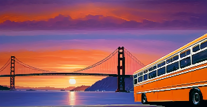A sunset view of the Golden Gate Bridge with a Golden Gate Transit bus in the foreground, showcasing vibrant sky colors and passengers boarding.
