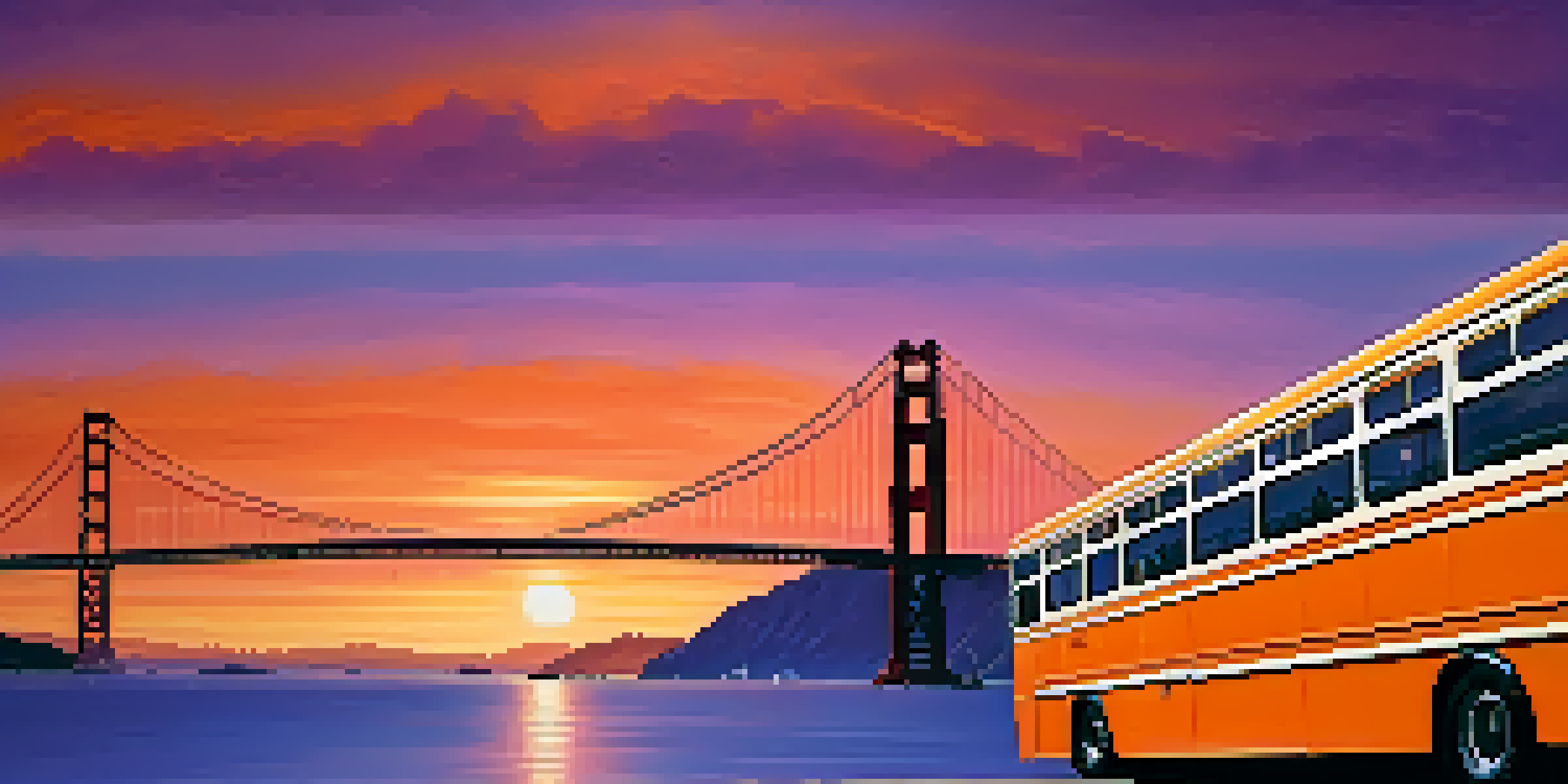 A sunset view of the Golden Gate Bridge with a Golden Gate Transit bus in the foreground, showcasing vibrant sky colors and passengers boarding.