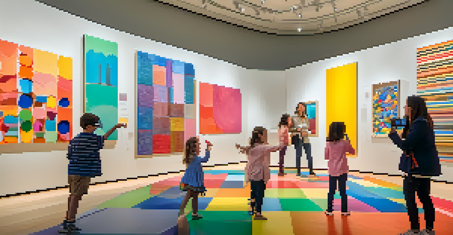 Families exploring an interactive art exhibit with colorful large-scale installations at the San Francisco Museum of Modern Art.