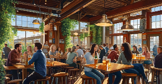 A diverse group of people enjoying craft beer on a sunny brewery patio in San Francisco, with colorful beer flights and a rustic brewery interior in the background.