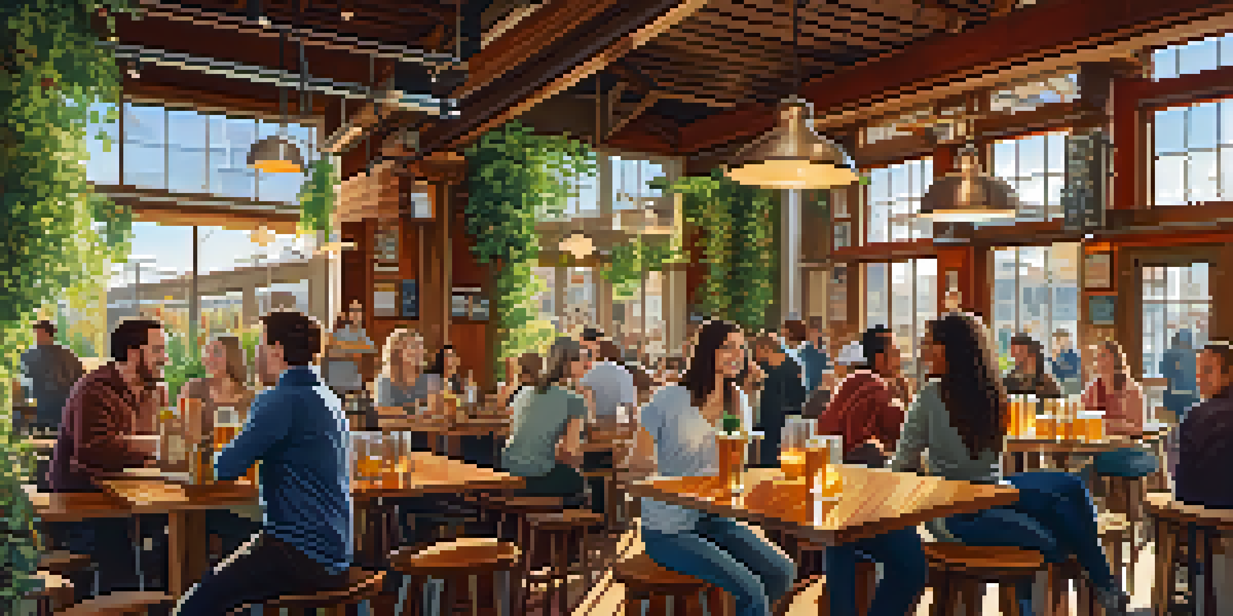 A diverse group of people enjoying craft beer on a sunny brewery patio in San Francisco, with colorful beer flights and a rustic brewery interior in the background.
