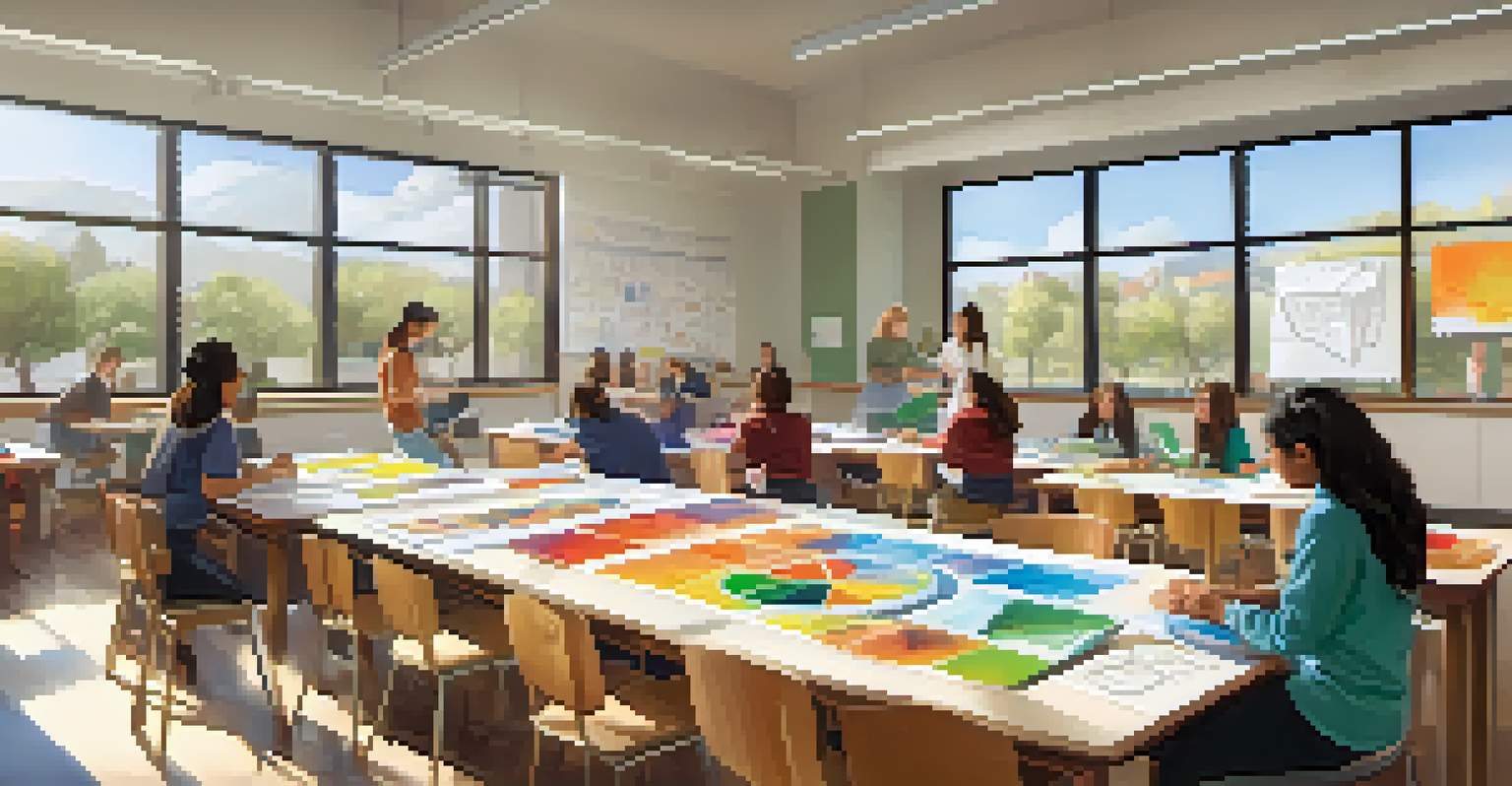 A classroom at Stanford where students are involved in hands-on learning projects, with bright light and colorful materials creating an inspiring environment.