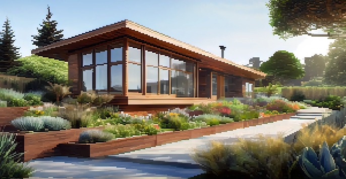 A modern eco-friendly home in San Francisco with solar panels and a green roof, surrounded by a colorful garden and trees, illuminated by soft sunlight.
