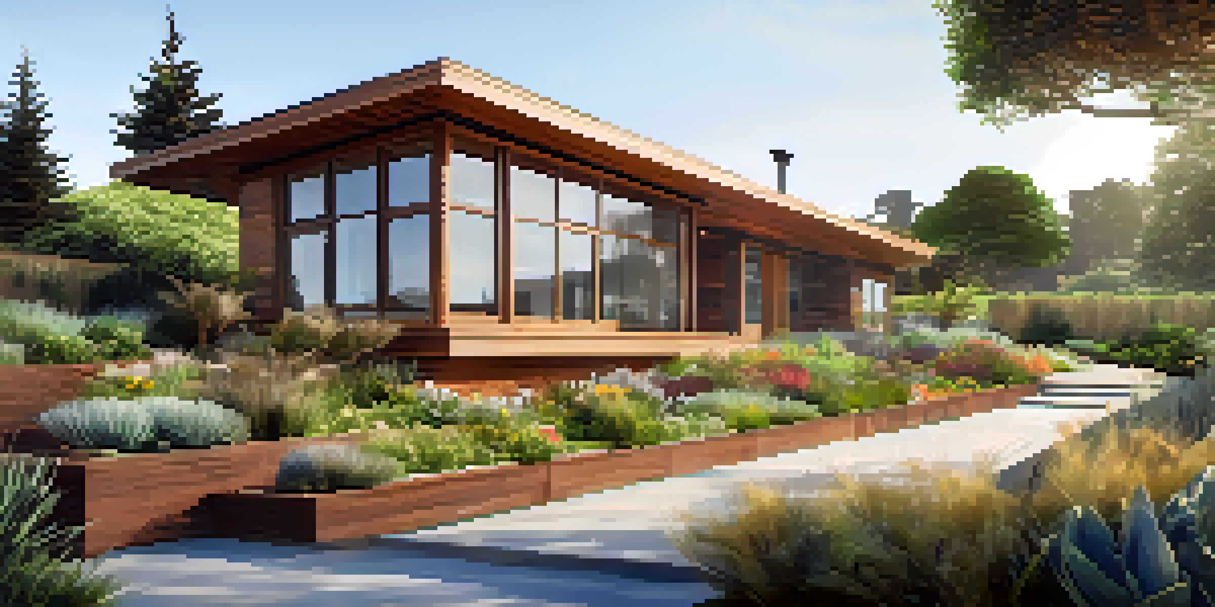 A modern eco-friendly home in San Francisco with solar panels and a green roof, surrounded by a colorful garden and trees, illuminated by soft sunlight.