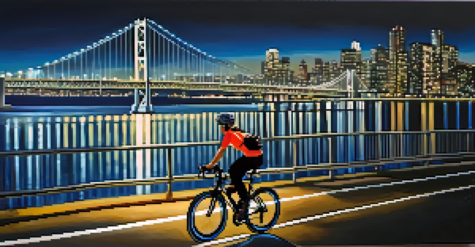 A cyclist riding along the Embarcadero at night with the Bay Bridge in the background.