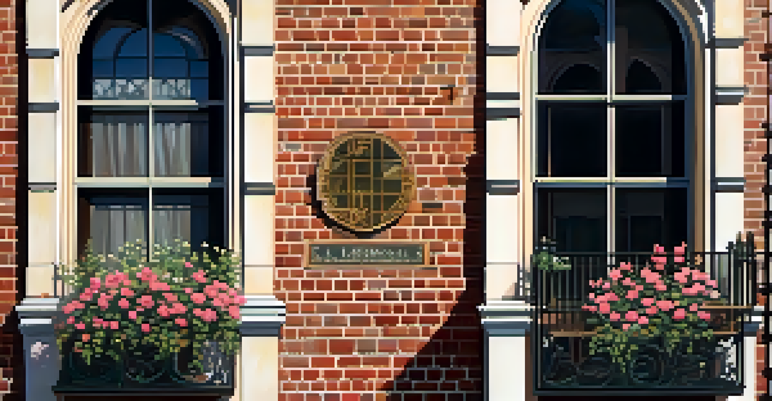 A close-up view of a restored historical building showcasing intricate architectural details and textures, with sunlight enhancing its beauty and flowers in the foreground.