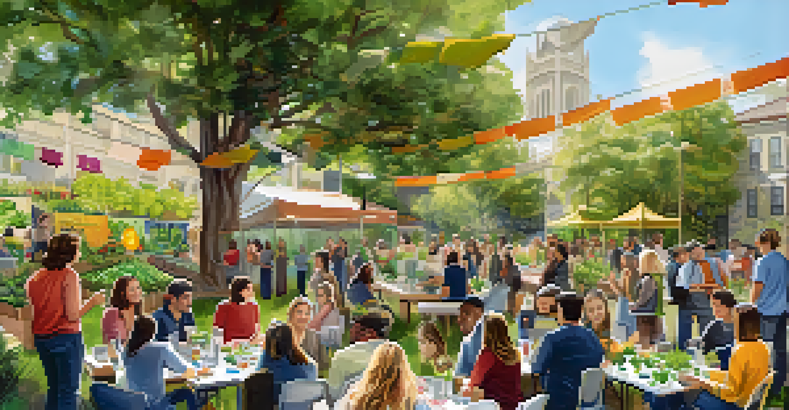 Community event with researchers from Stanford and UC Berkeley discussing sustainability initiatives in an urban garden setting.