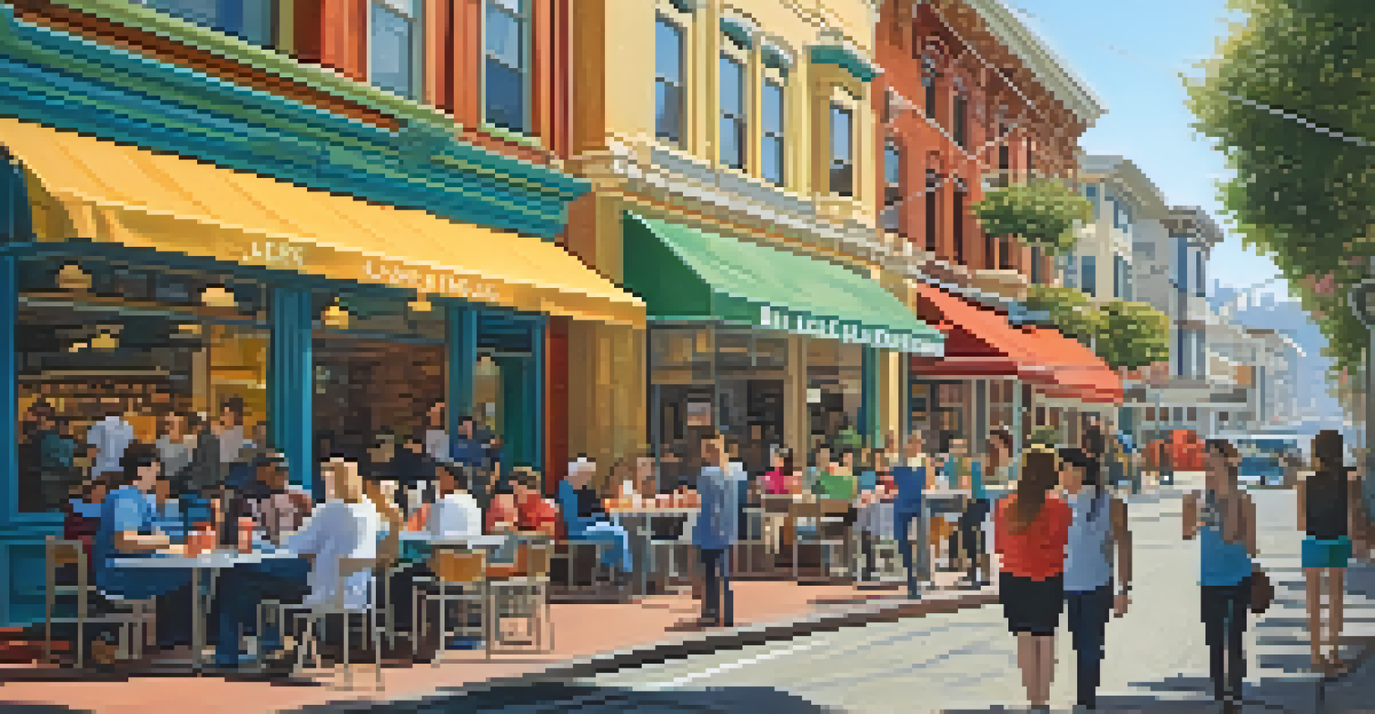 A lively street in San Francisco with people enjoying a coffee tour, colorful shops, and a guide sharing information.