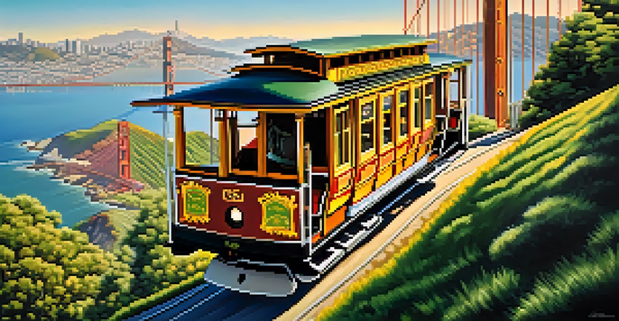 A San Francisco cable car climbing a steep hill with the Golden Gate Bridge in the background, under a clear blue sky.