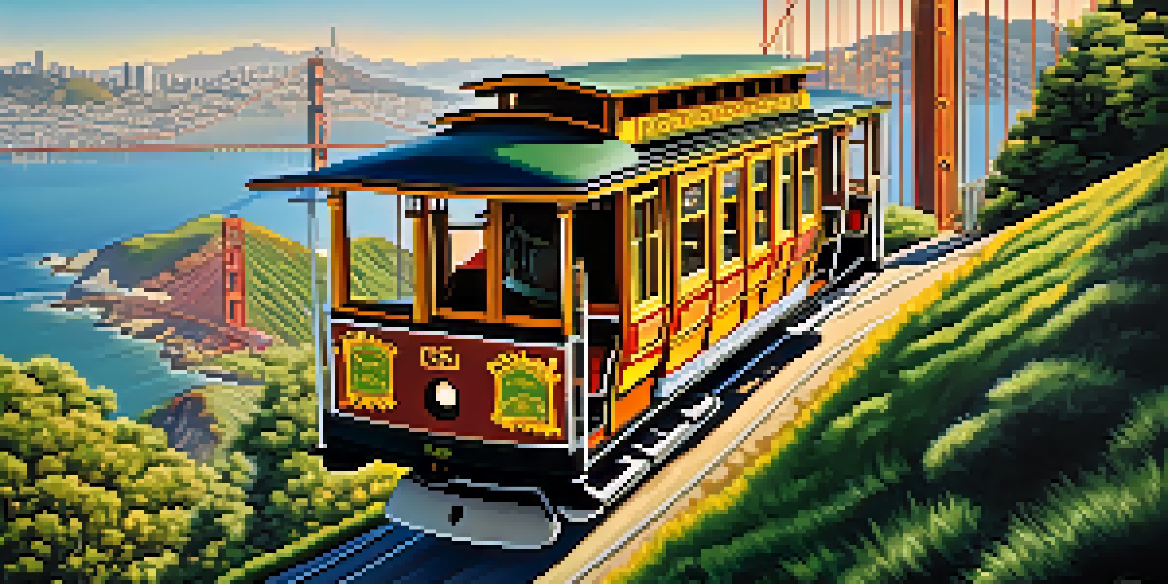 A San Francisco cable car climbing a steep hill with the Golden Gate Bridge in the background, under a clear blue sky.