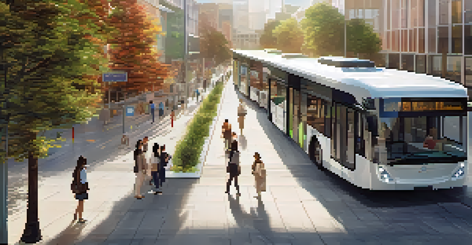 Aerial view of a clean city with electric buses and trams, people walking, and solar panels on rooftops, showcasing sustainable public transport.