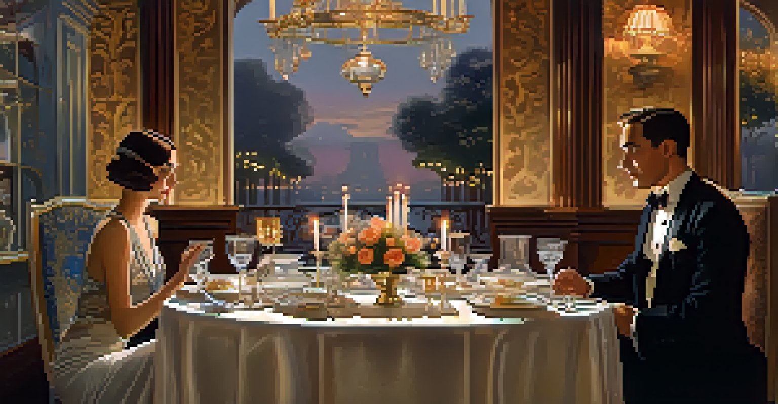 An elegant dining scene in a 1920s restaurant in San Francisco, showcasing gourmet dishes and a romantic atmosphere.