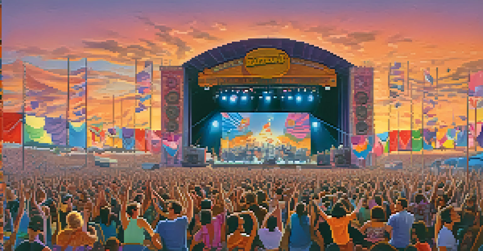A lively music festival with a band on stage and an energetic audience, under a colorful sunset sky.