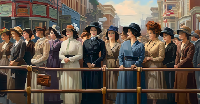 A group of early 20th-century women activists in vintage clothing advocating for women's suffrage in San Francisco, with banners and historical architecture in the background.