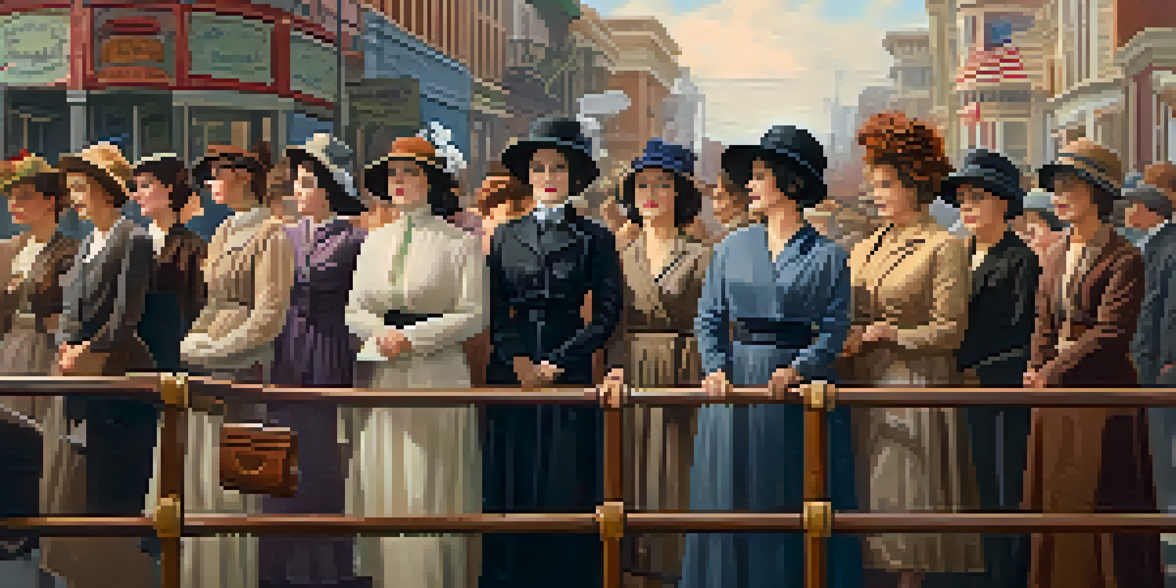 A group of early 20th-century women activists in vintage clothing advocating for women's suffrage in San Francisco, with banners and historical architecture in the background.
