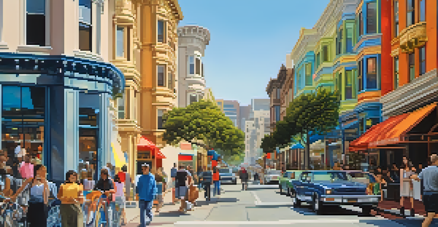 A bustling street scene in a San Francisco neighborhood with historic buildings, modern architecture, and diverse people enjoying outdoor cafes.