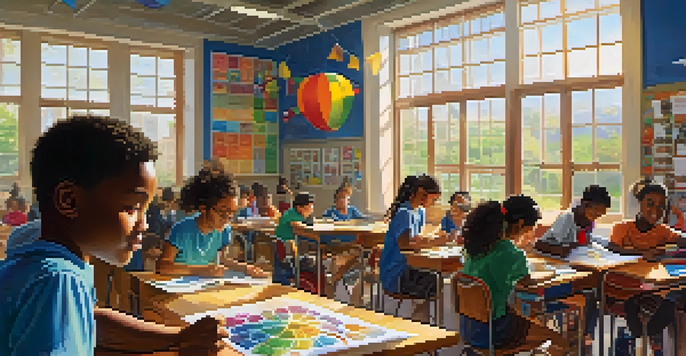 A colorful and lively classroom with diverse students participating in learning activities and a volunteer teacher assisting them.