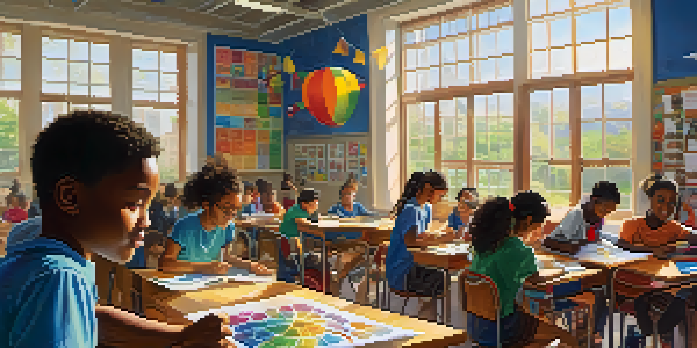 A colorful and lively classroom with diverse students participating in learning activities and a volunteer teacher assisting them.