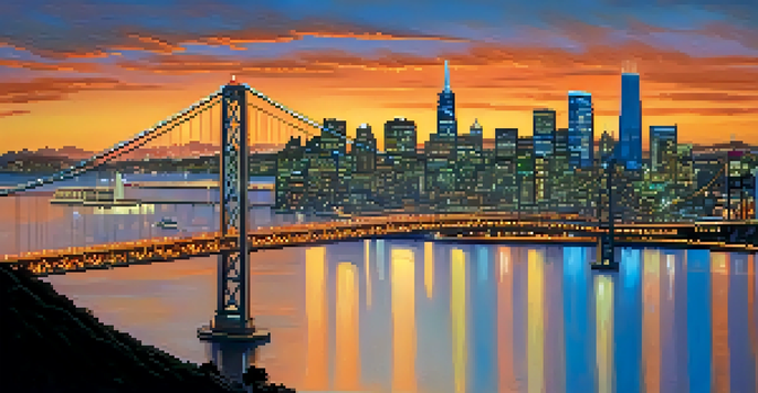The Bay Bridge lit up with thousands of colorful lights against the San Francisco skyline during dusk.