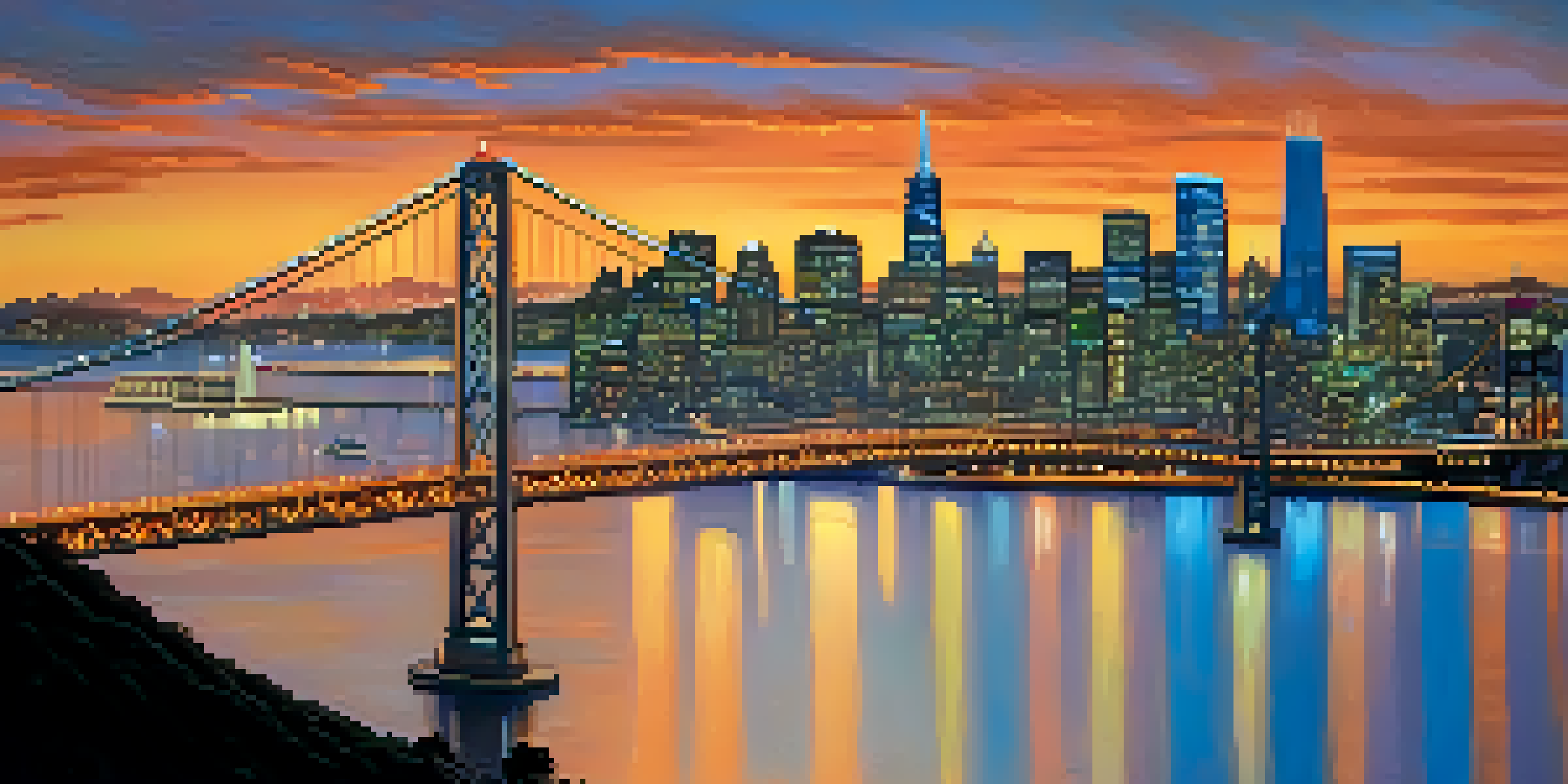 The Bay Bridge lit up with thousands of colorful lights against the San Francisco skyline during dusk.