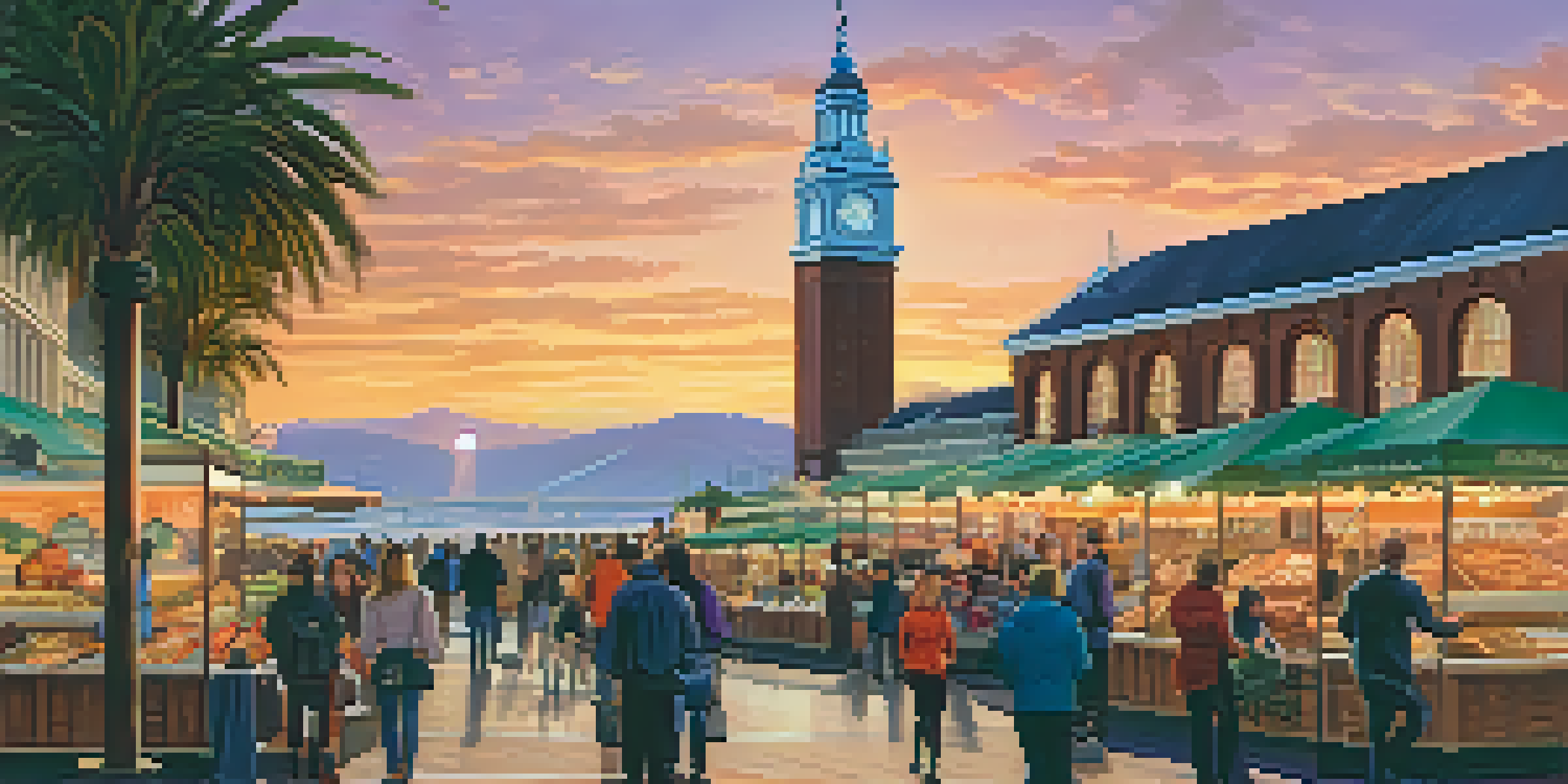 A sunset view of the Ferry Building in San Francisco, with its clock tower and a bustling marketplace in the foreground.