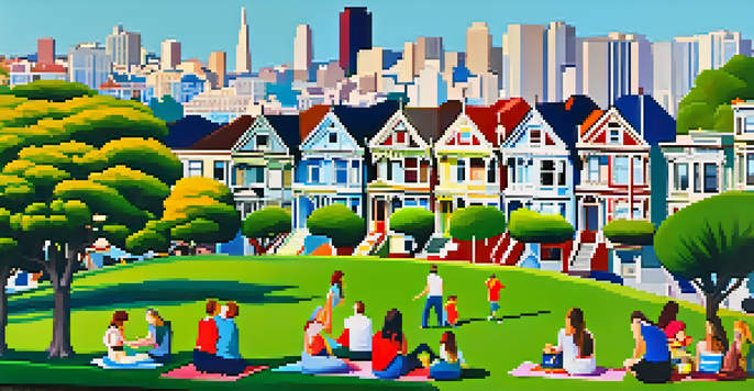 A scenic view of the Painted Ladies, colorful Victorian homes in San Francisco, with people picnicking on a green lawn.