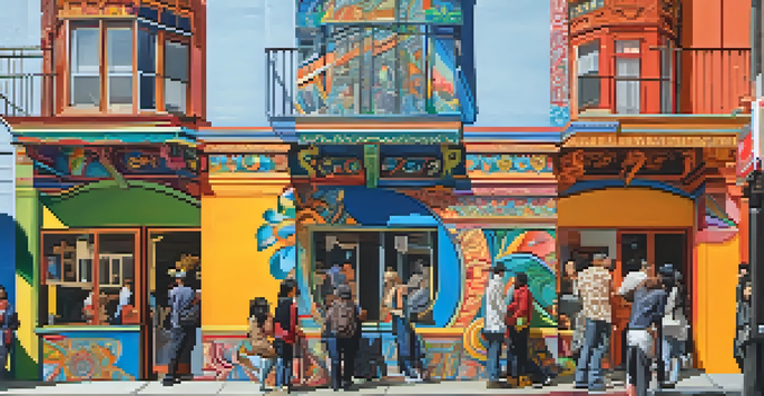 A colorful mural depicting diverse cultural themes on a building in San Francisco, with people appreciating the art.