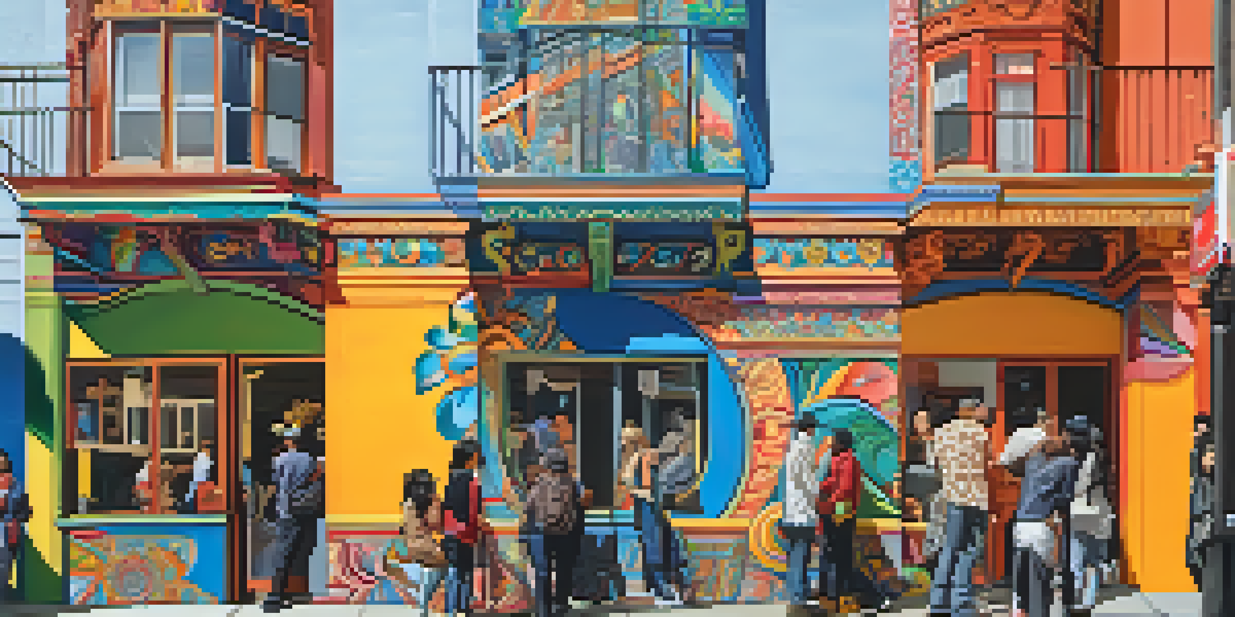 A colorful mural depicting diverse cultural themes on a building in San Francisco, with people appreciating the art.